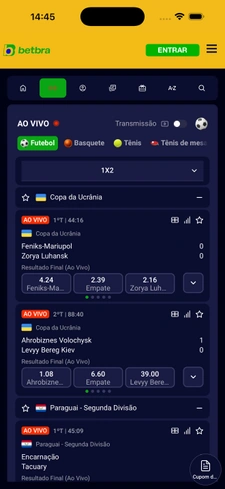 Página inicial da BetBra no celular, apostas ao vivo